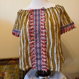 Altar'd State Olive and White Boho Fringe Blouse